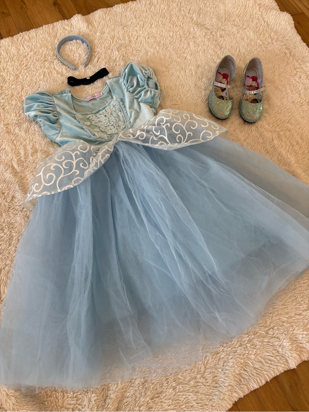 Kids Blue Cinderella Princess dress with Tulle Skirt, choker, headband and shoes